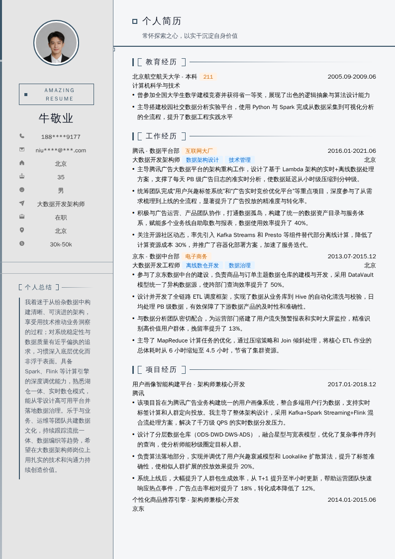 大数据开发架构师简历模板