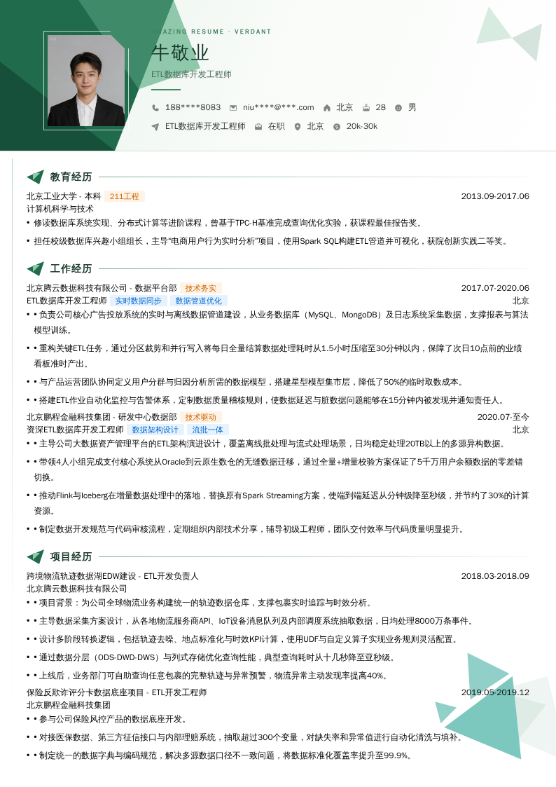 ETL数据库开发工程师简历模板