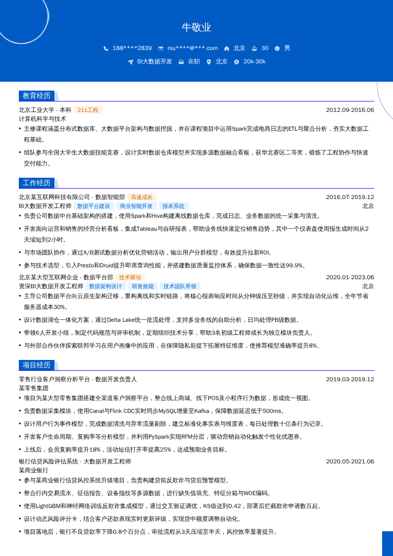 BI大数据开发简历模板
