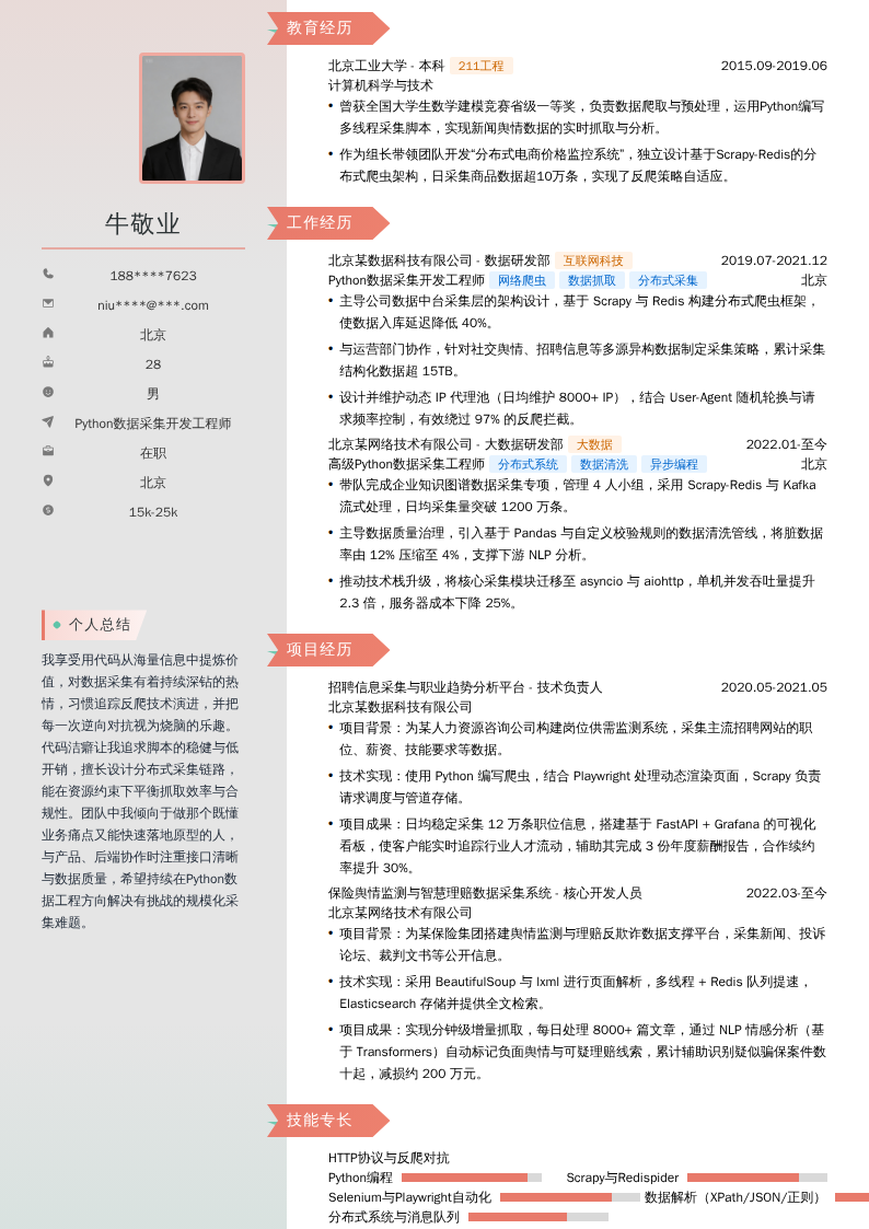 Python数据采集开发工程师简历模板