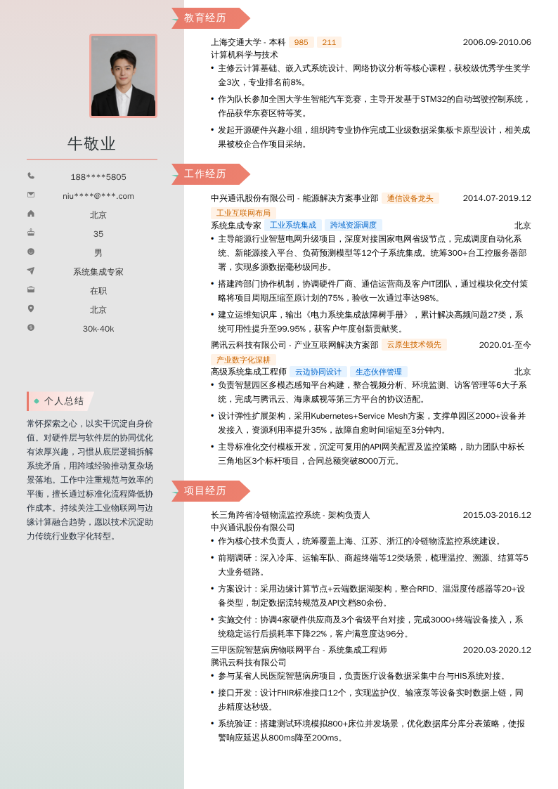 系统集成专家简历模板