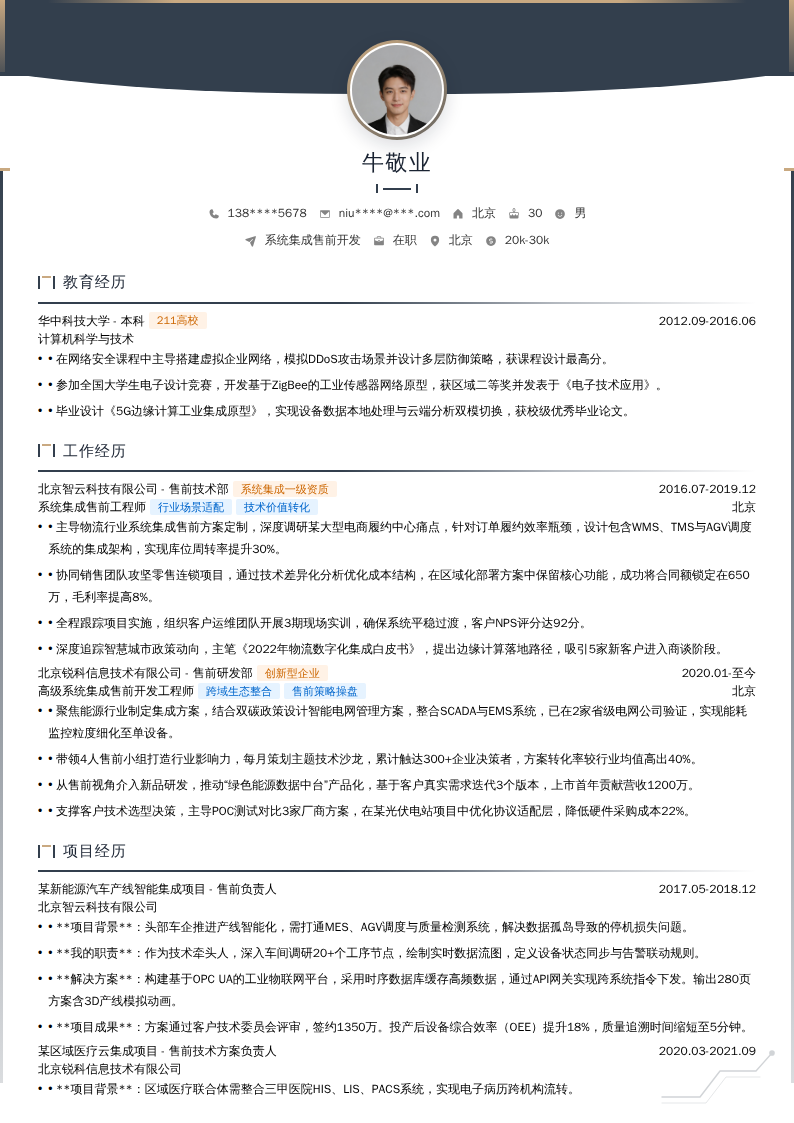 系统集成售前开发简历模板