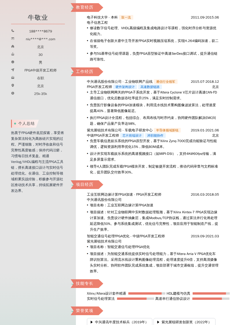 FPGA中级开发工程师简历模板