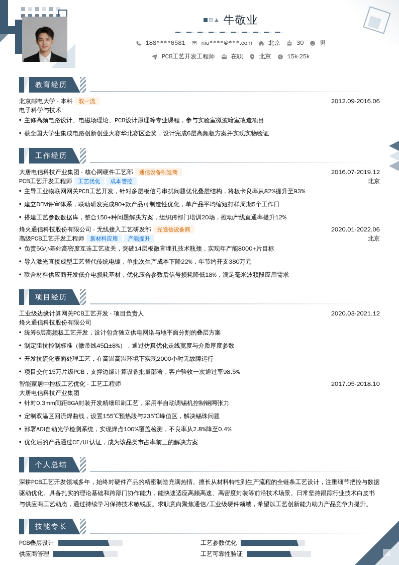 PCB工艺开发工程师简历模板