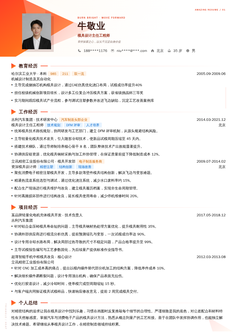 模具设计主任工程师简历模板