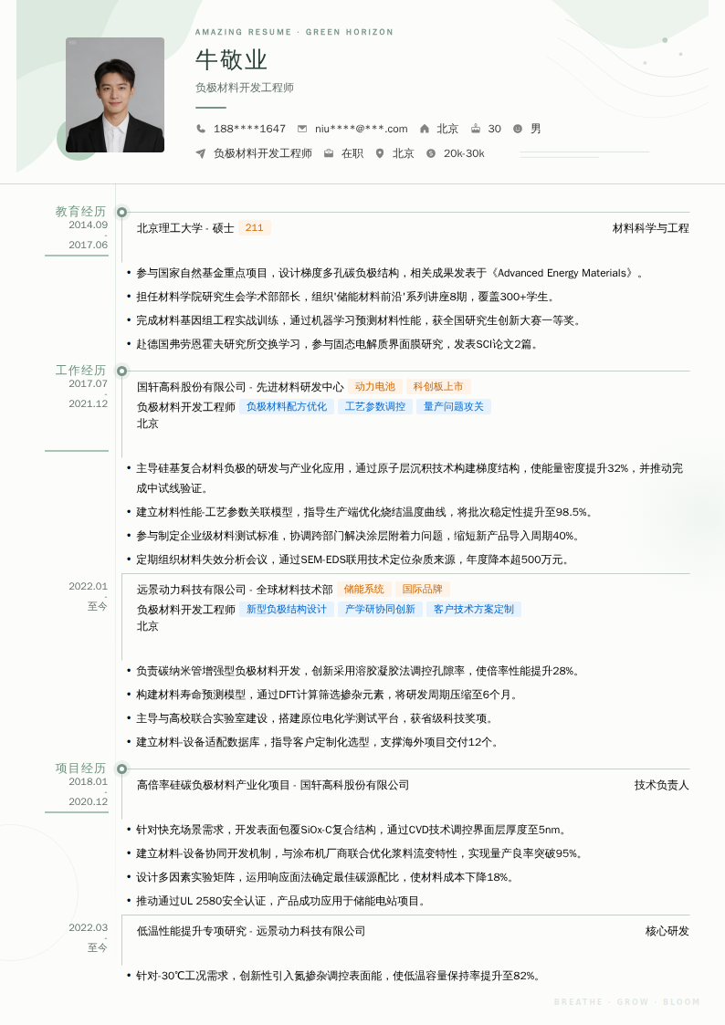 负极材料开发工程师简历模板