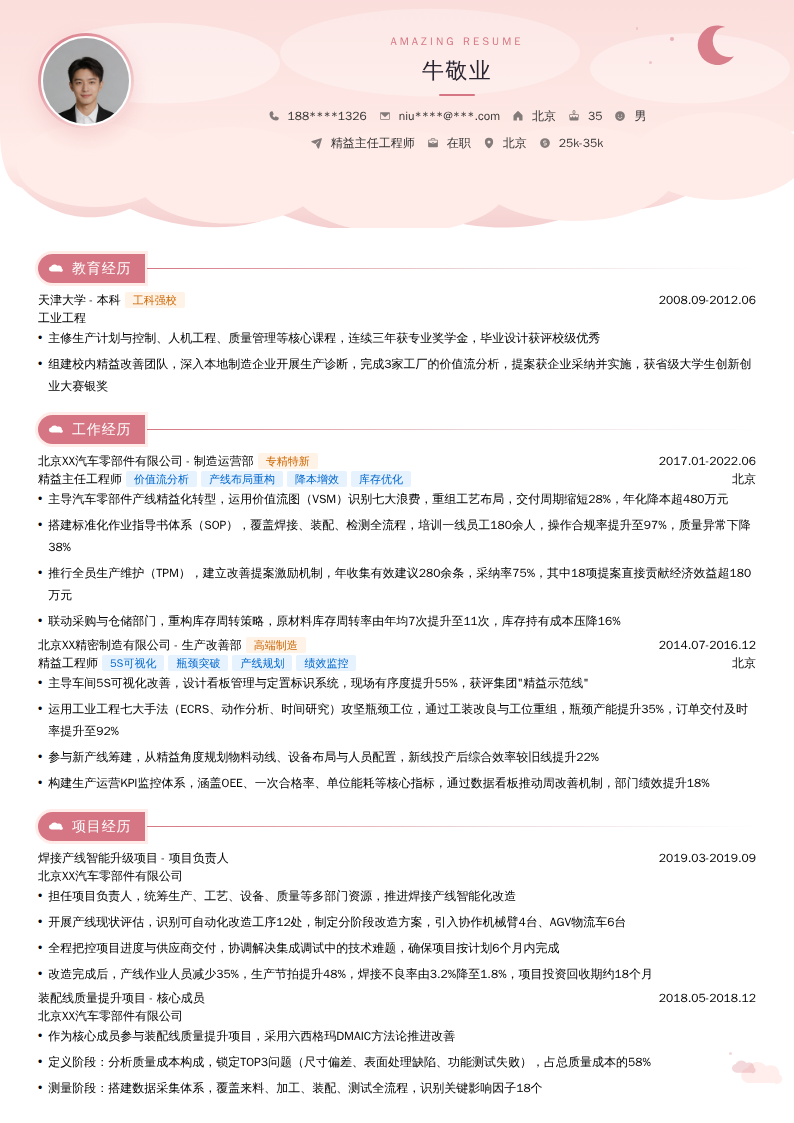 精益主任工程师简历模板