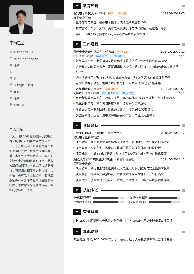 PCB销售工程师简历模板