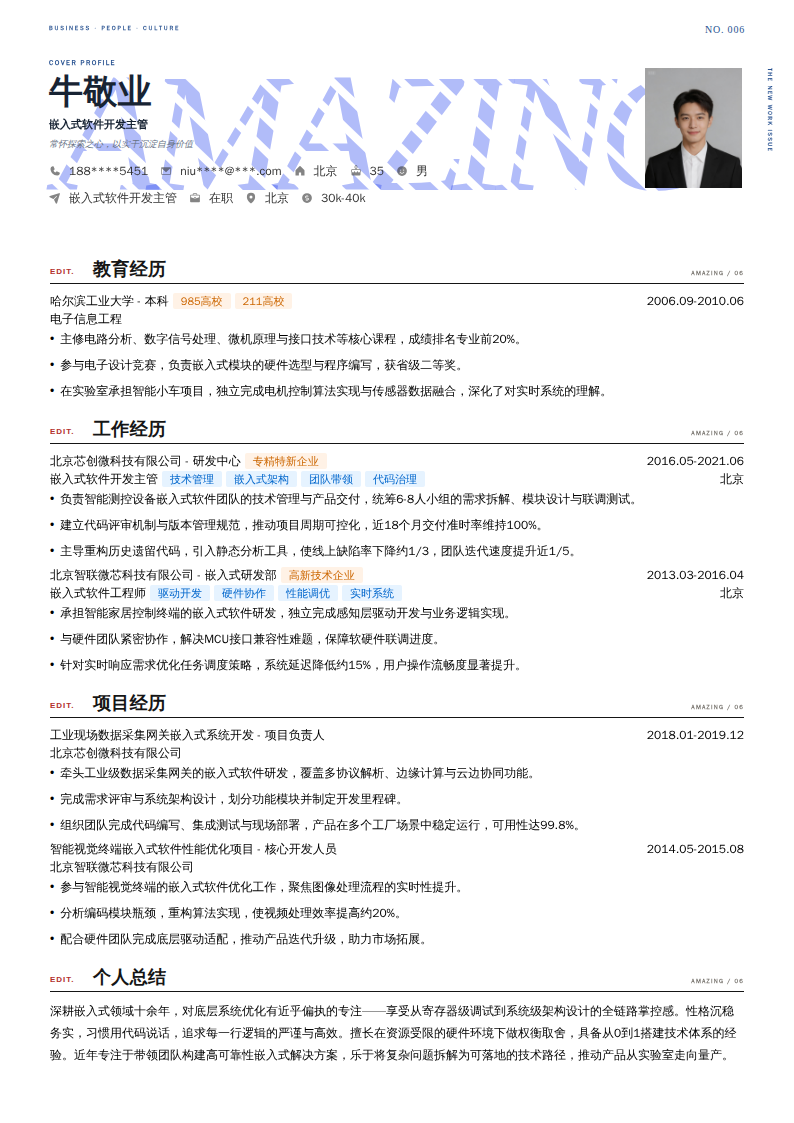嵌入式软件开发主管简历模板