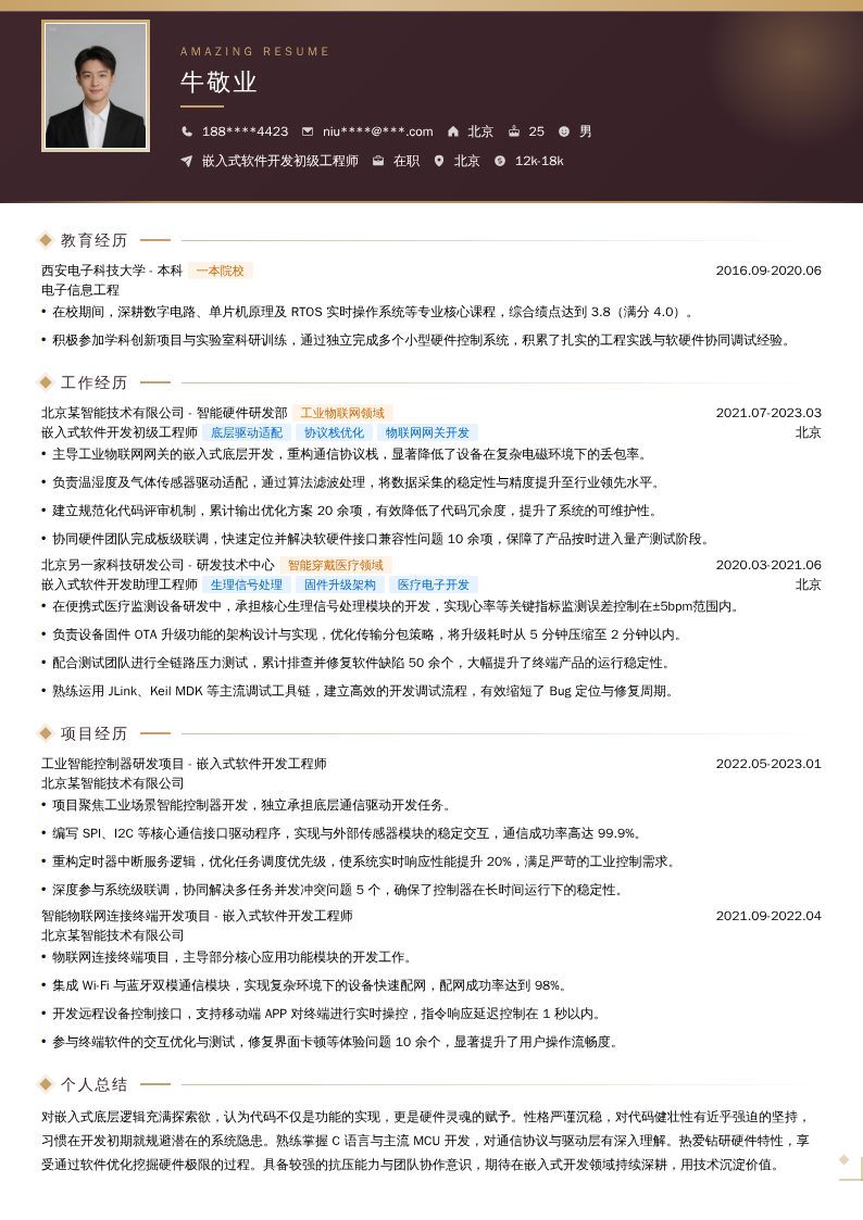 嵌入式软件开发初级工程师简历模板