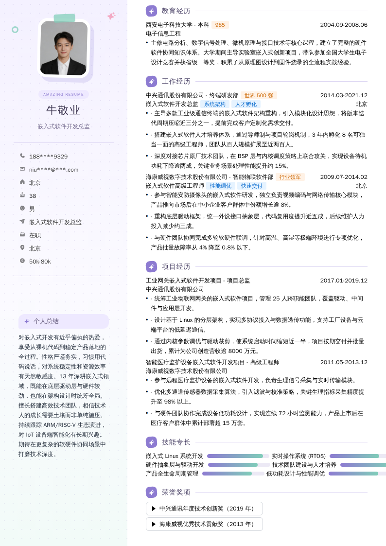 嵌入式软件开发总监简历模板