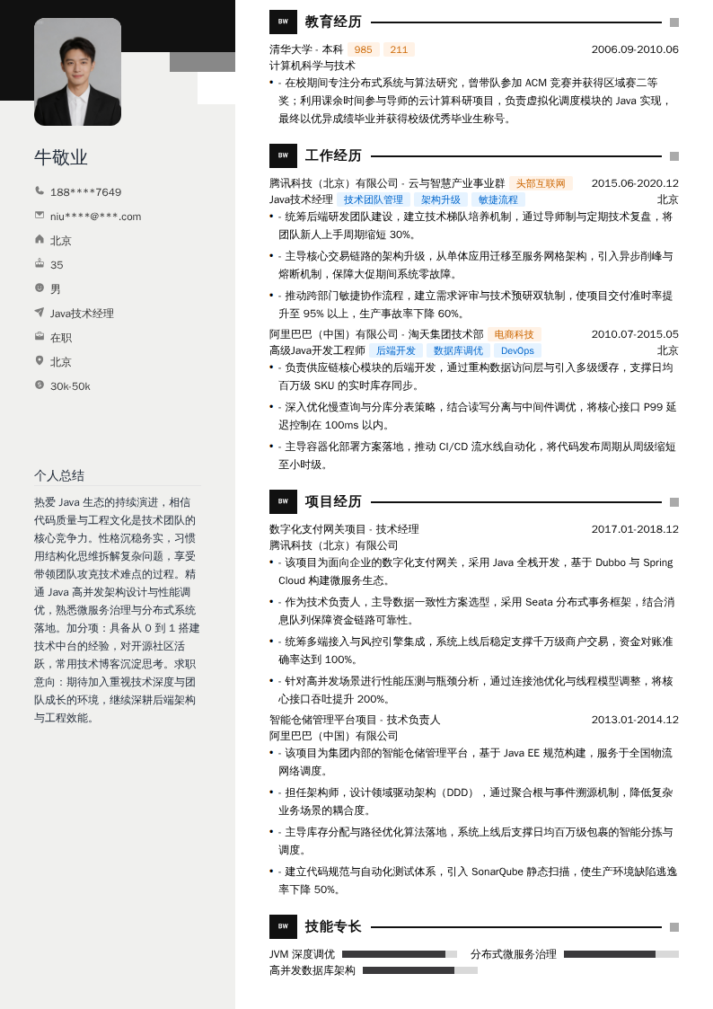 Java技术经理简历模板