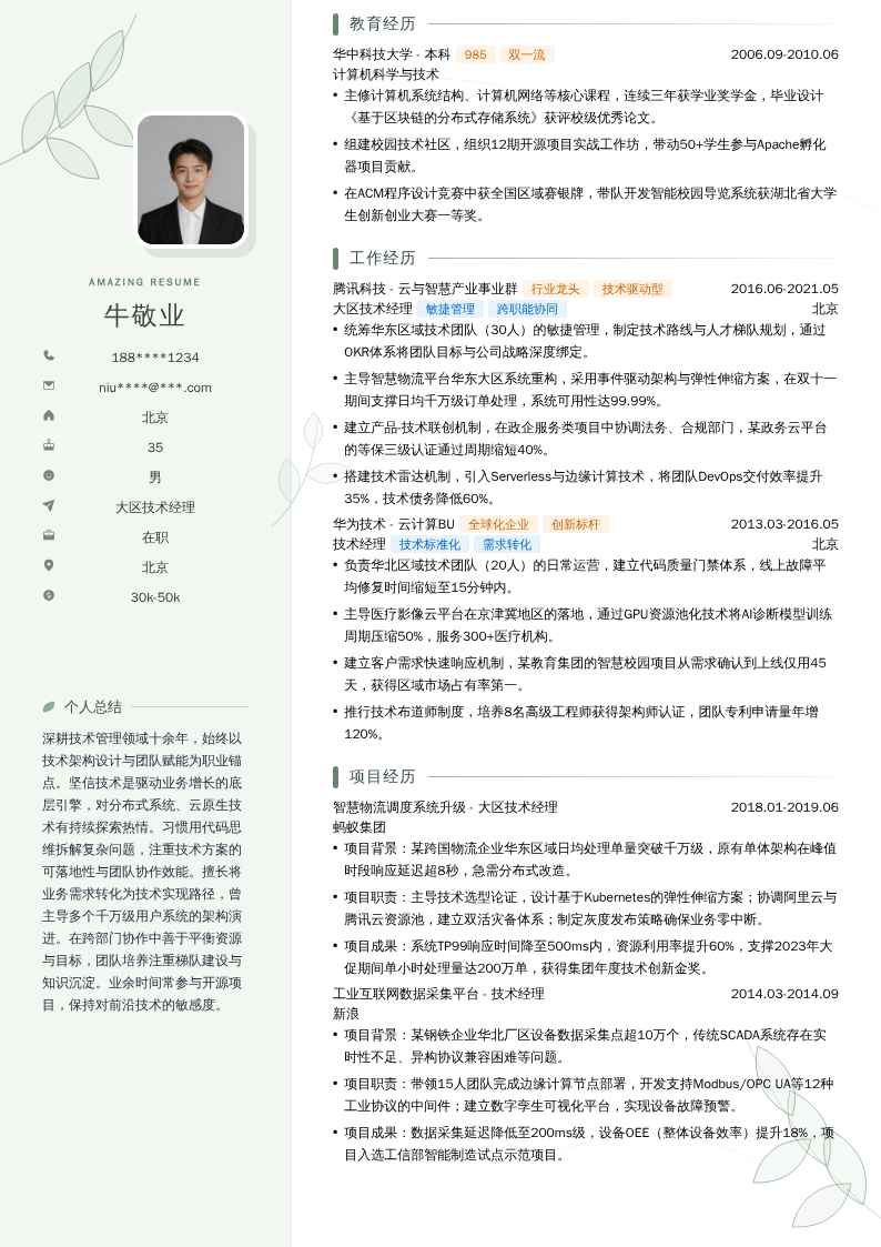 大区技术经理简历模板