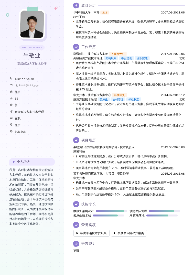 高级解决方案技术经理简历模板