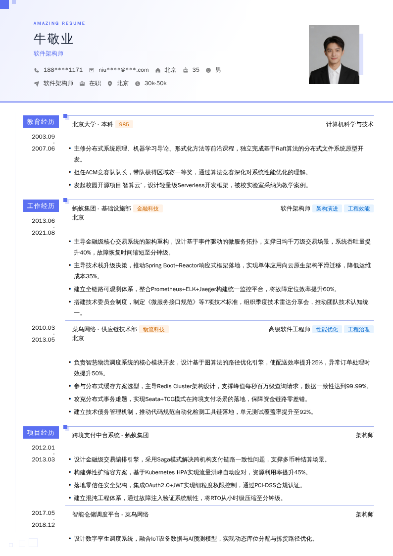 软件架构师简历模板