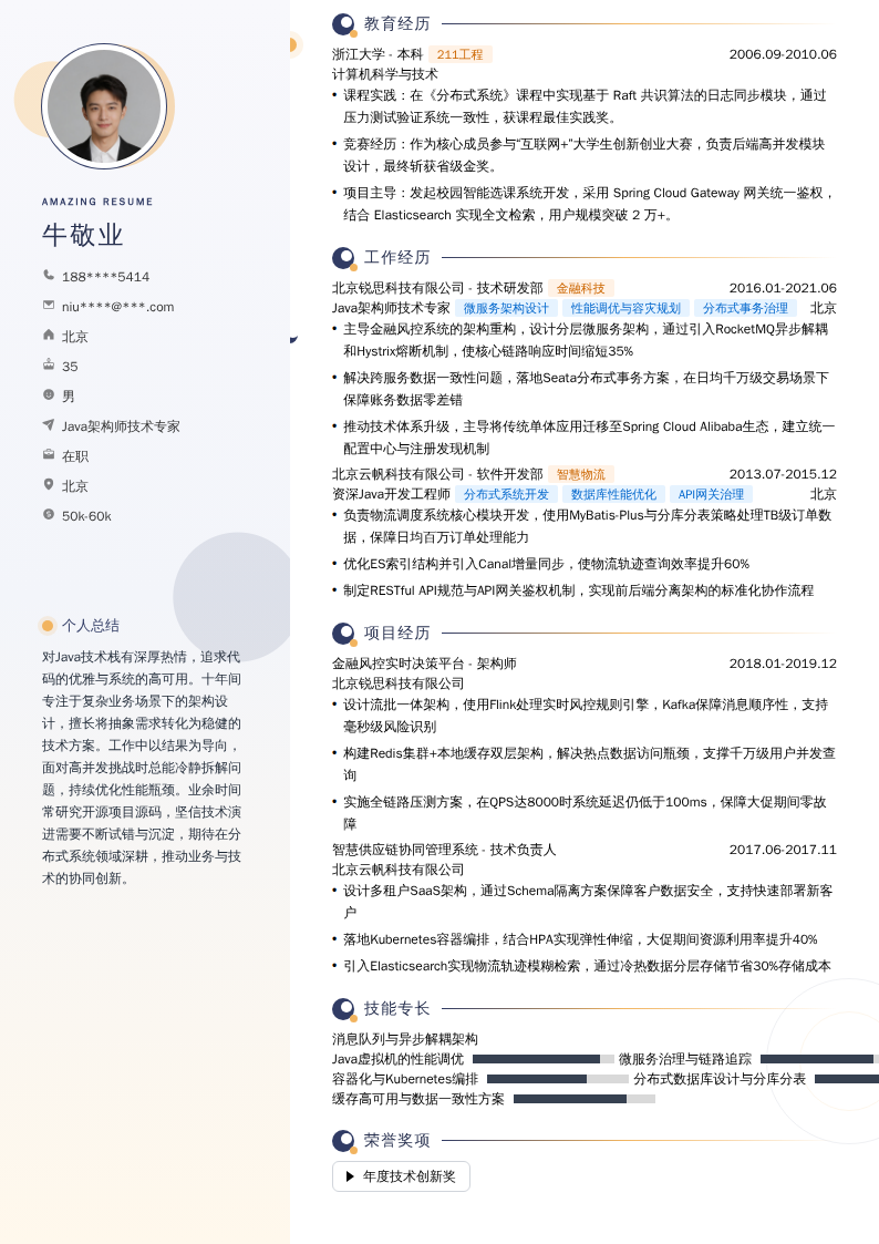 Java架构师技术专家简历模板
