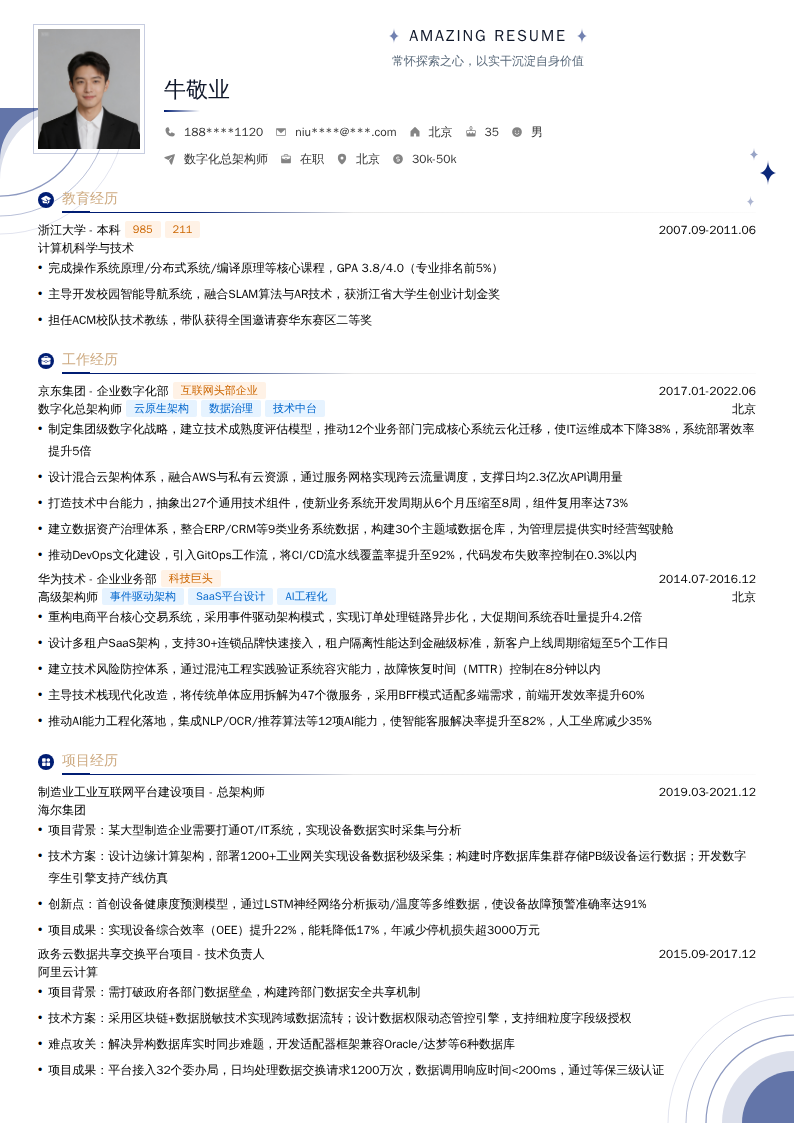 数字化总架构师简历模板
