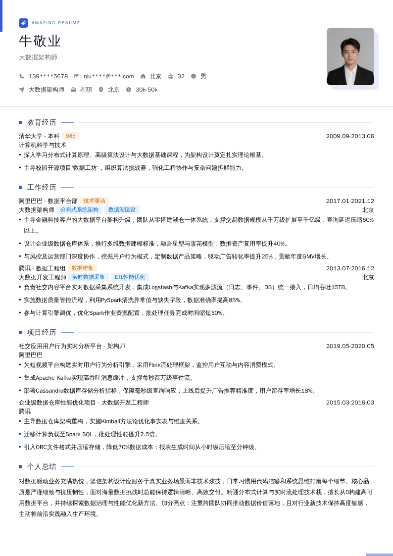 大数据架构师简历模板