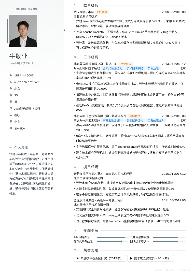 Java架构师技术经理简历模板