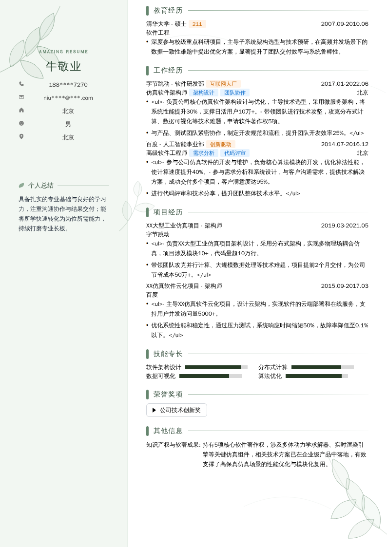 仿真软件架构师简历模板