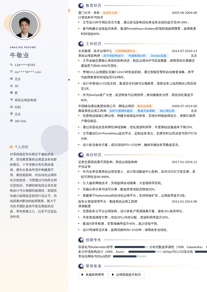 系统运维架构师简历模板