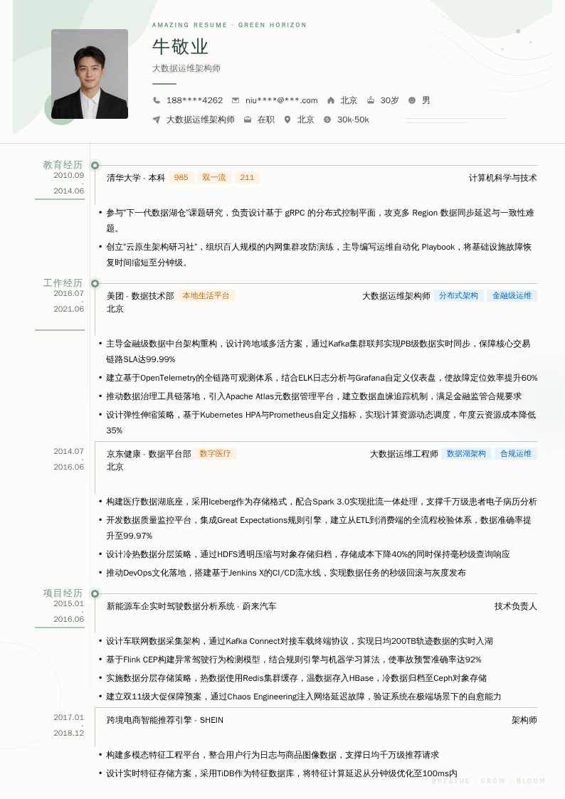 大数据运维架构师简历模板