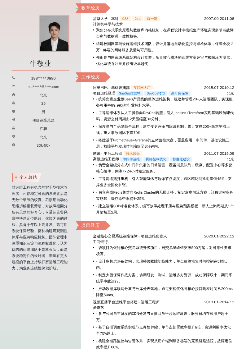 项目运维总监简历模板