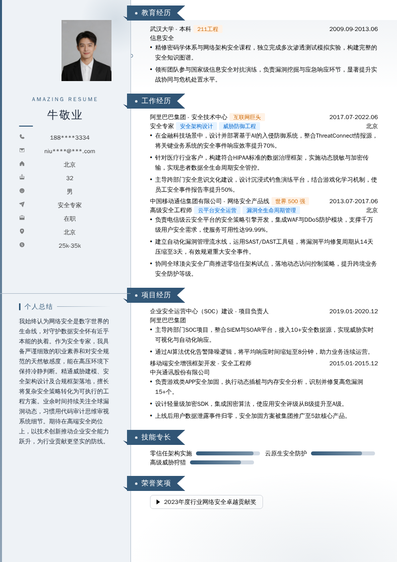 安全专家简历模板