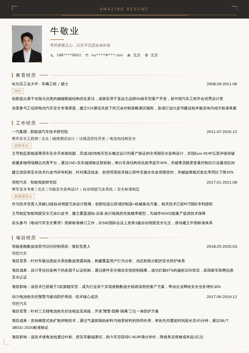 整车安全专家简历模板