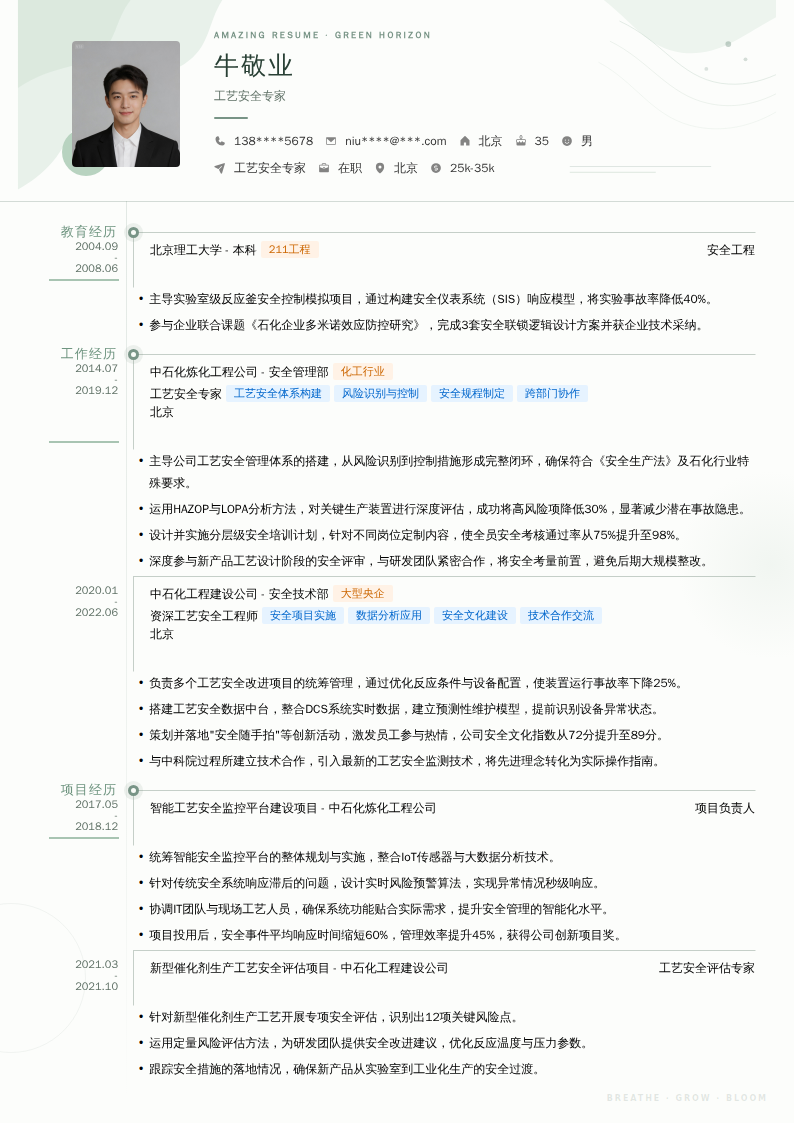 工艺安全专家简历模板