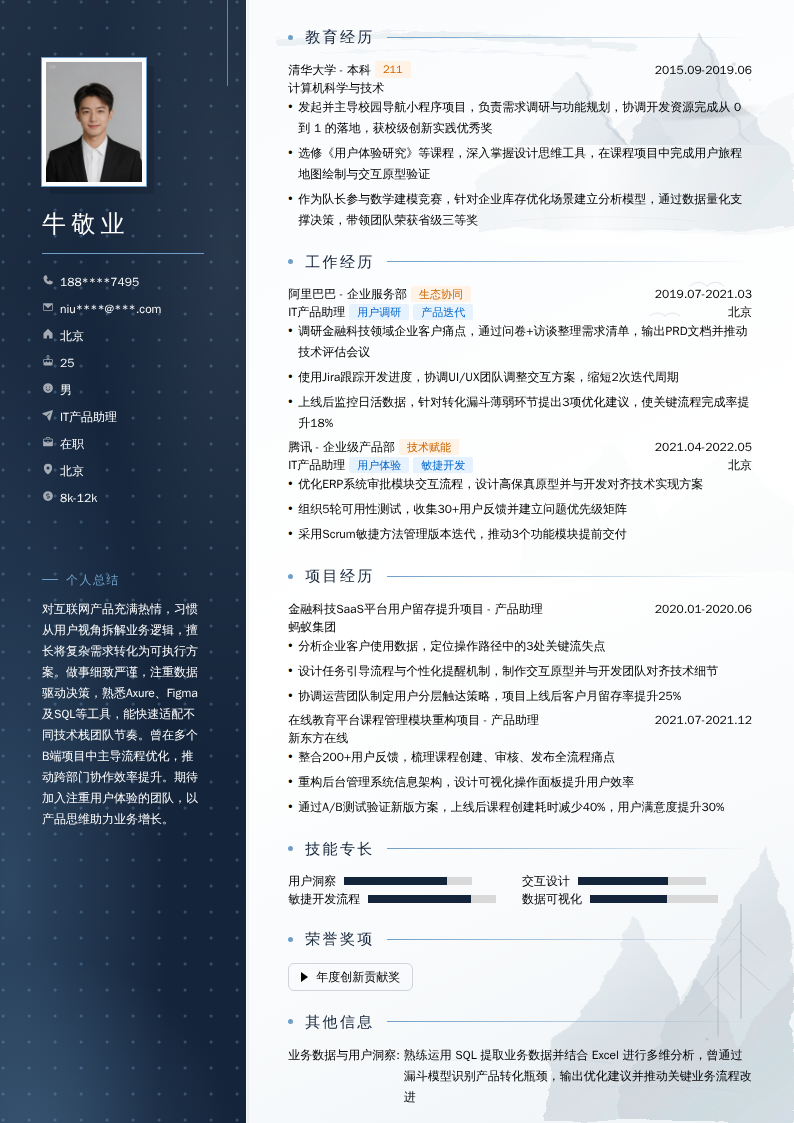 IT产品助理简历模板