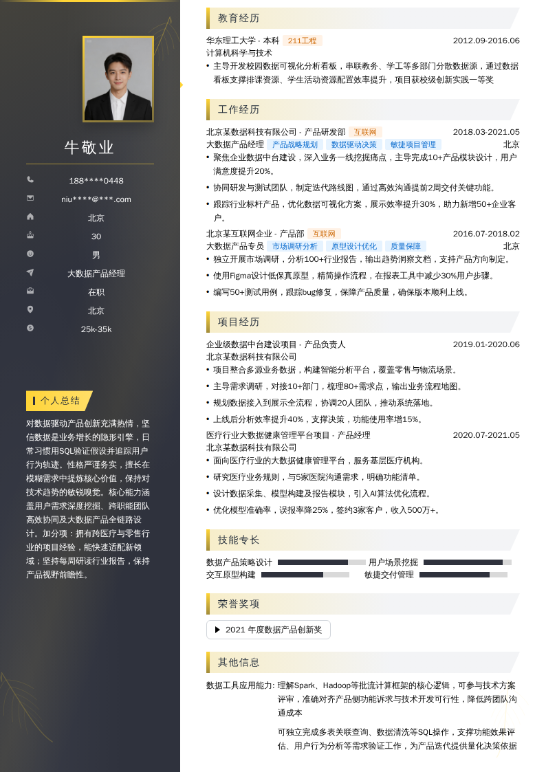 大数据产品经理简历模板