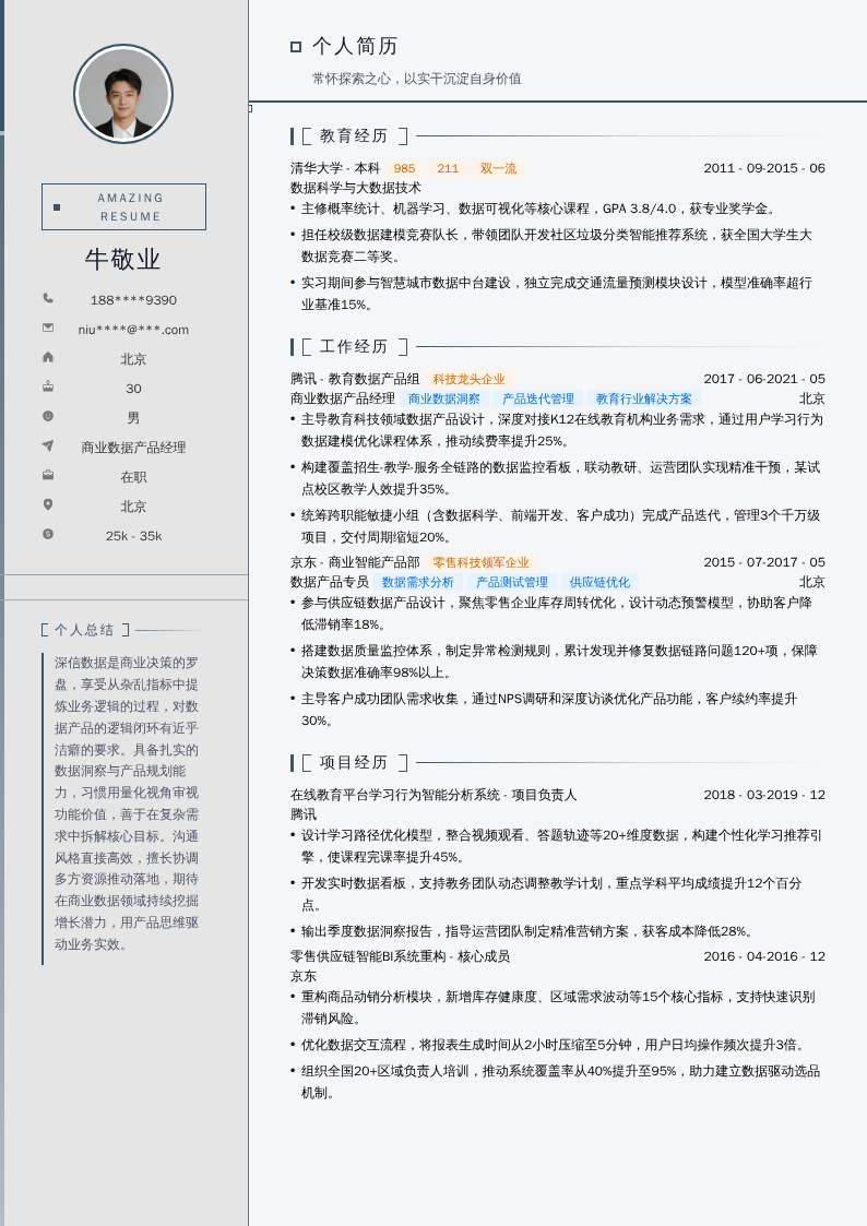 商业数据产品经理简历模板