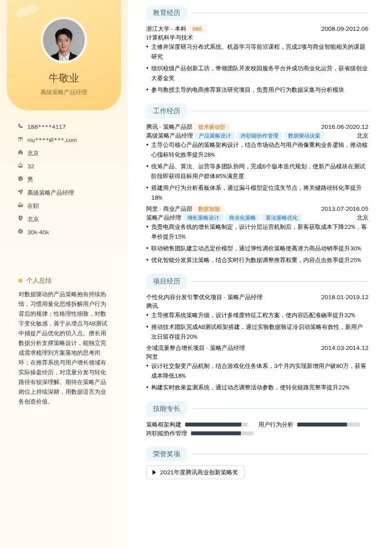 高级策略产品经理简历模板