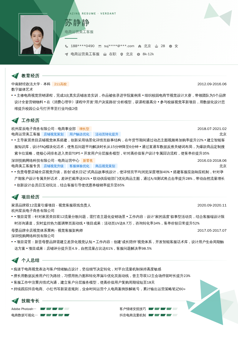 电商运营美工客服简历模板