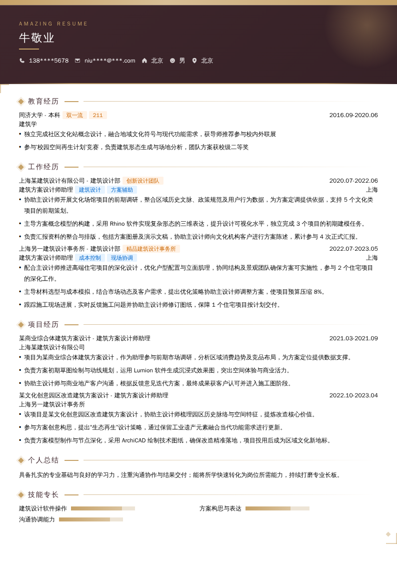 建筑方案设计师助理简历模板