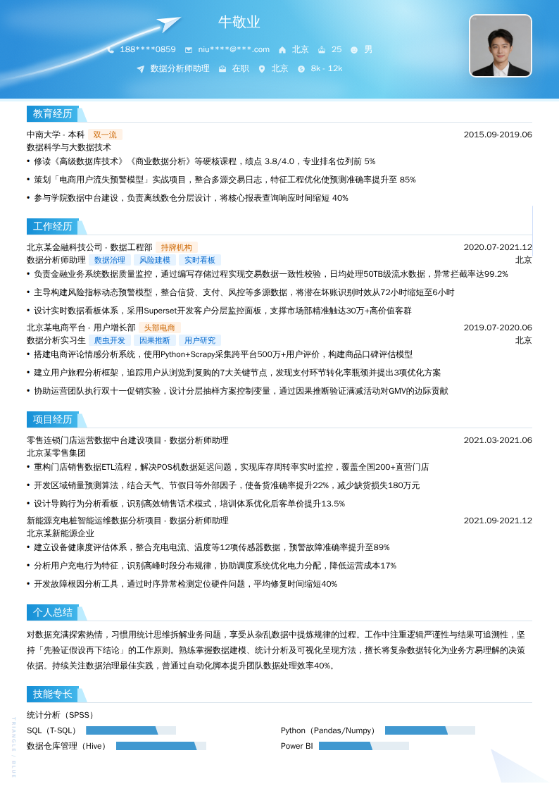 数据分析师助理简历模板