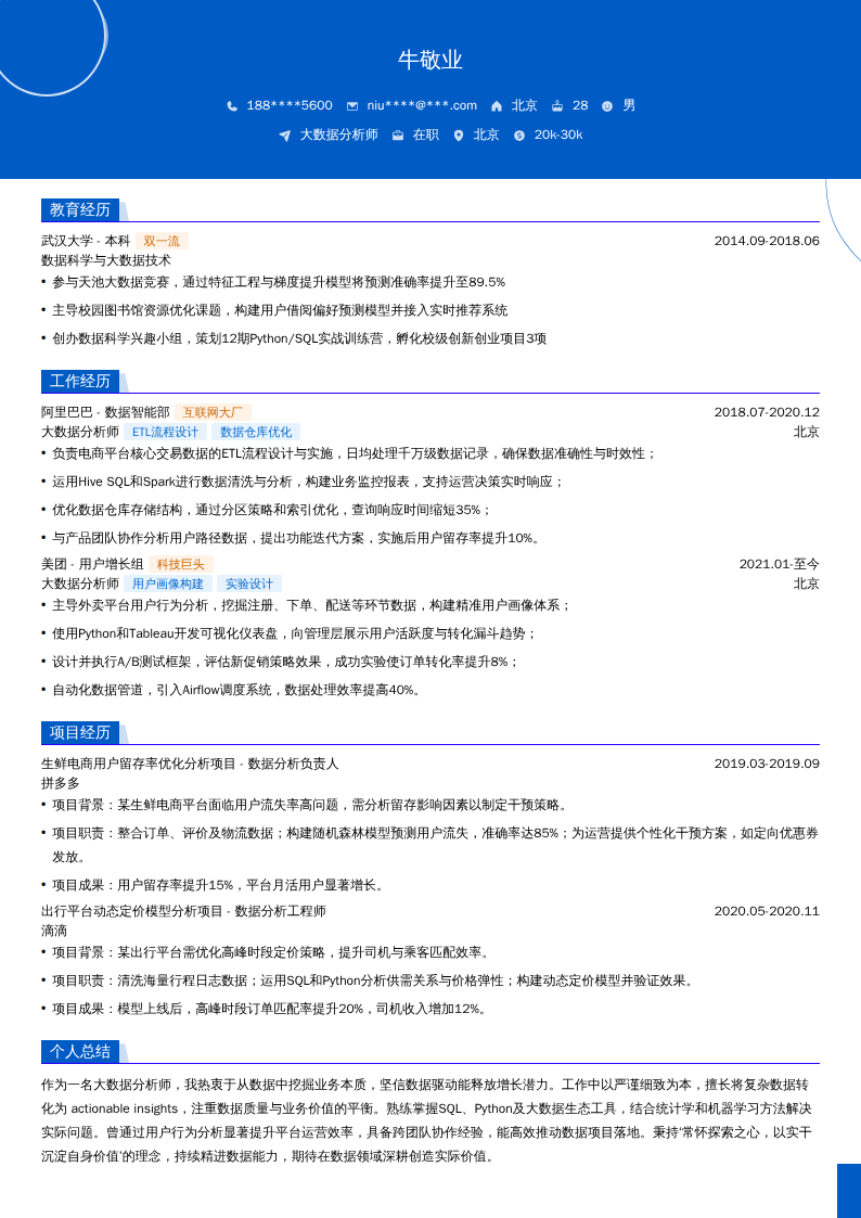 大数据分析师简历模板