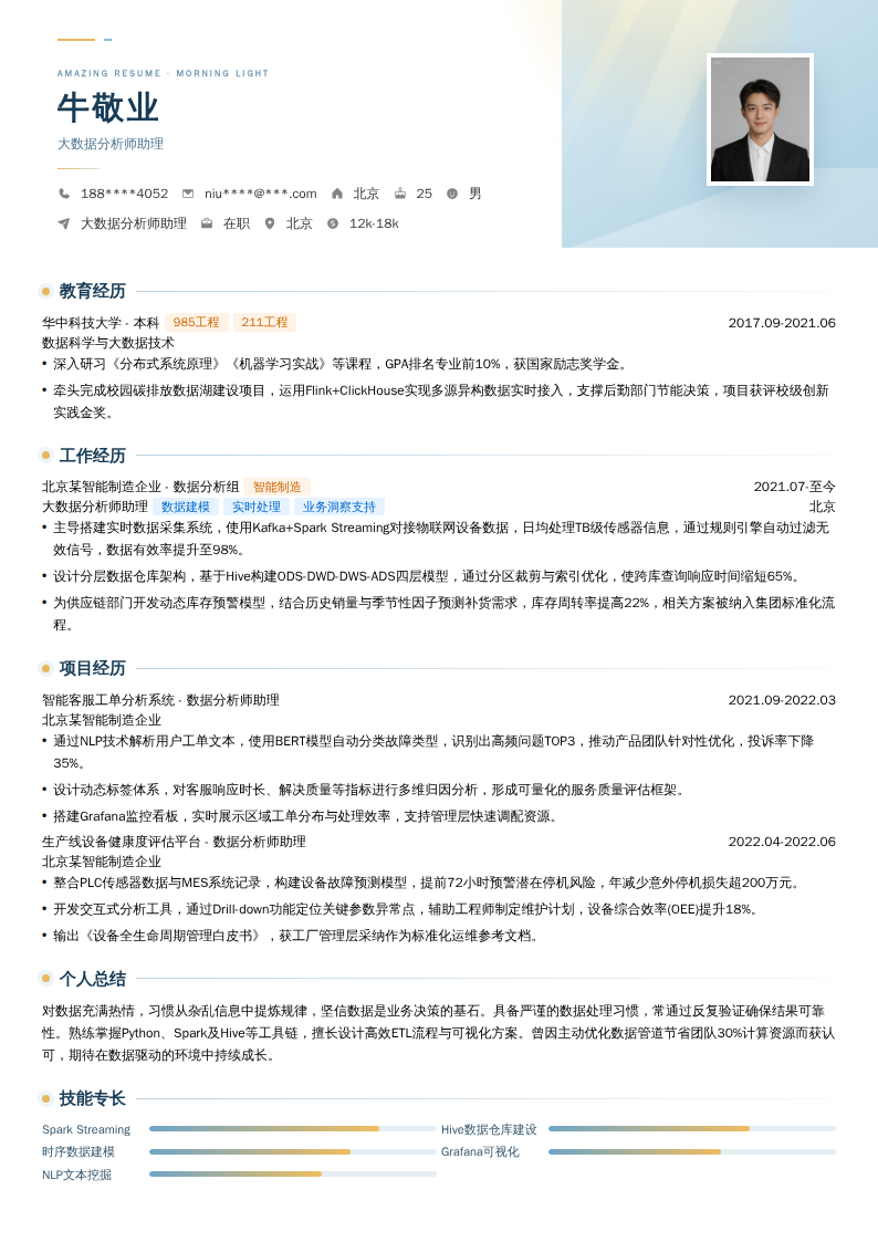 大数据分析师助理简历模板