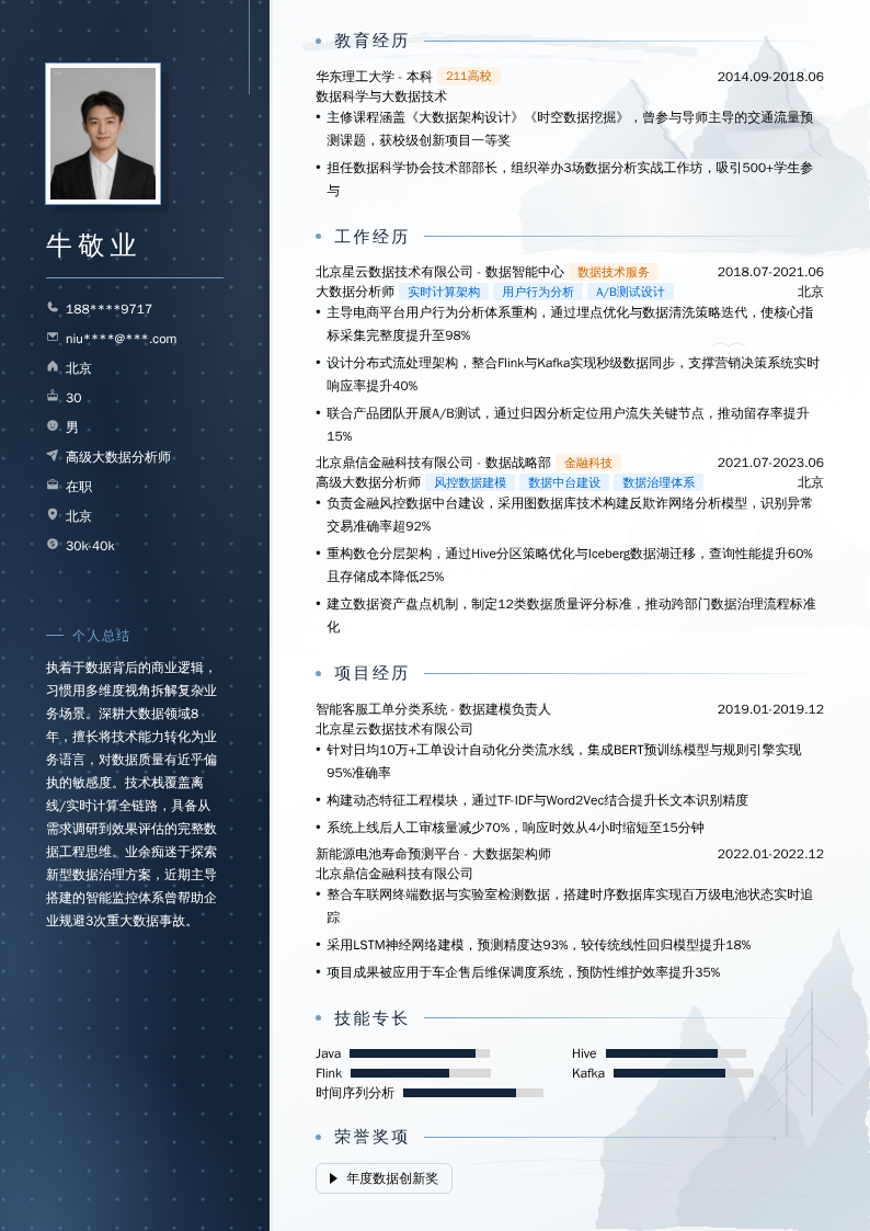 高级大数据分析师简历模板
