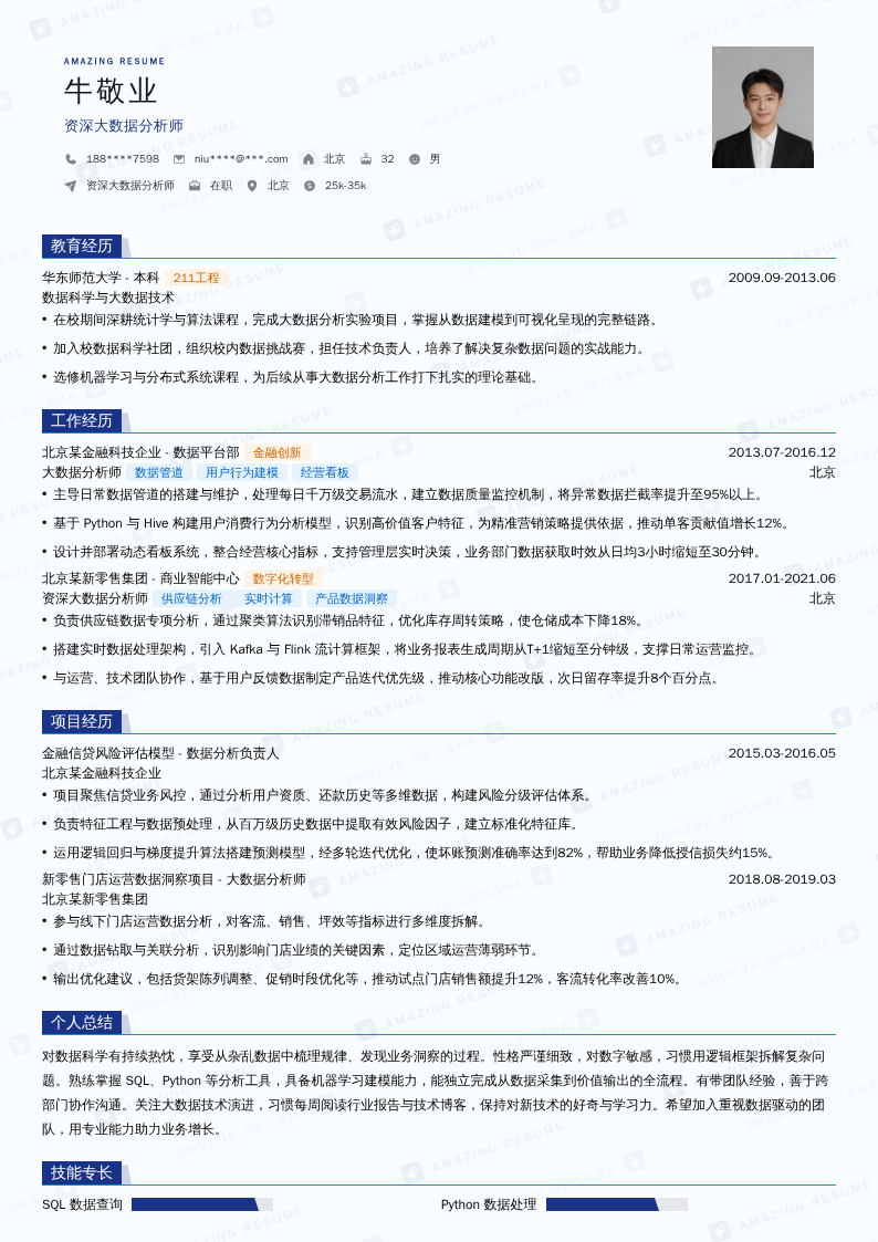 资深大数据分析师简历模板