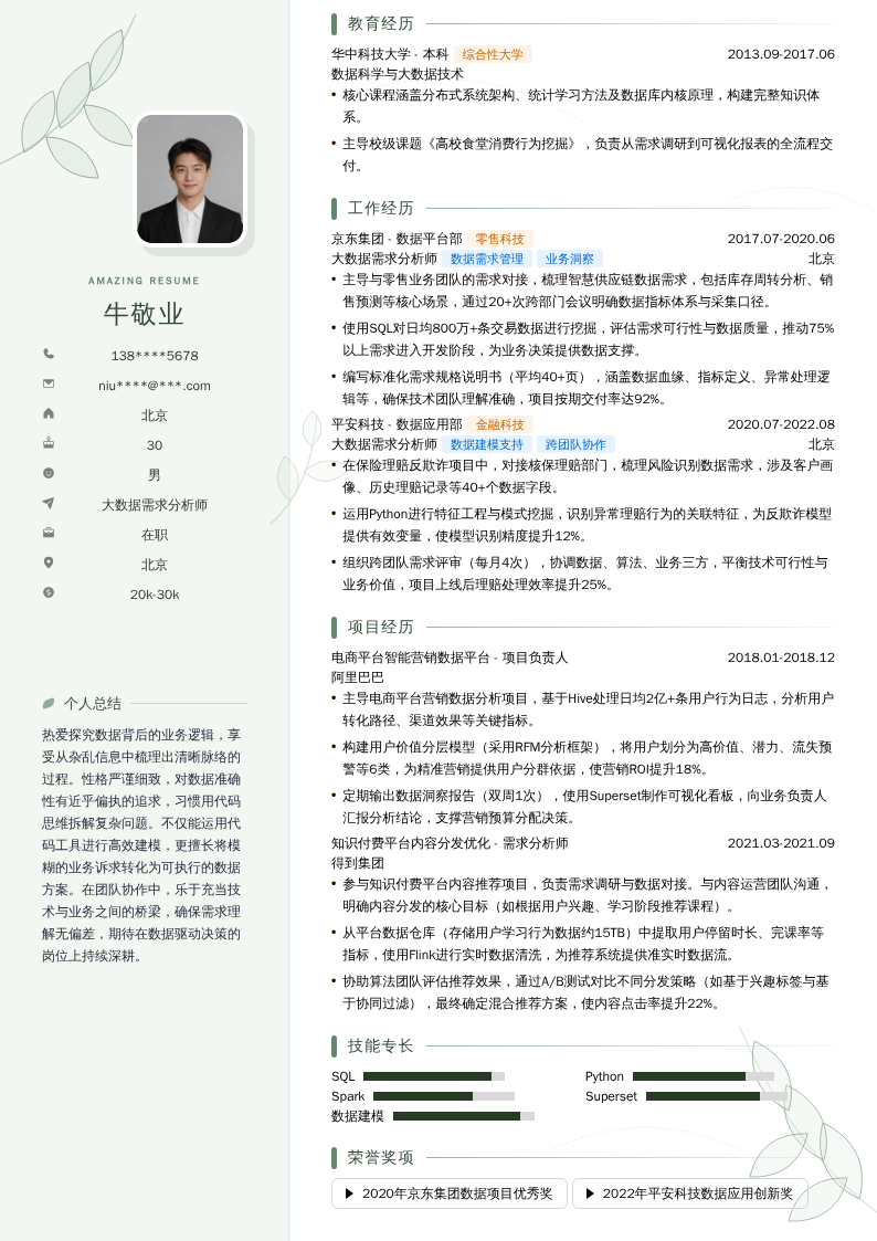 大数据需求分析师简历模板