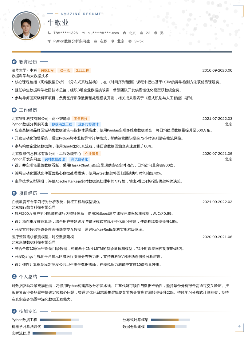 Python数据分析实习生简历模板
