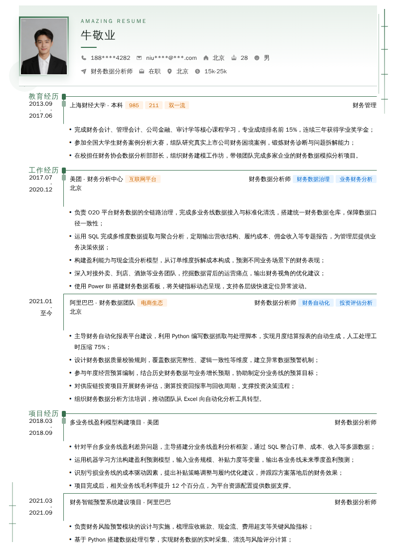 财务数据分析师简历模板