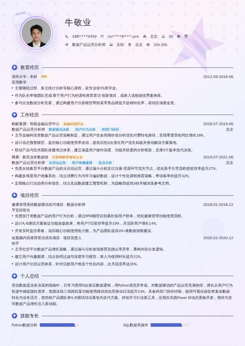 数据产品运营分析师简历模板
