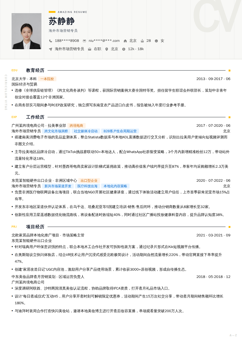 海外市场营销专员简历模板