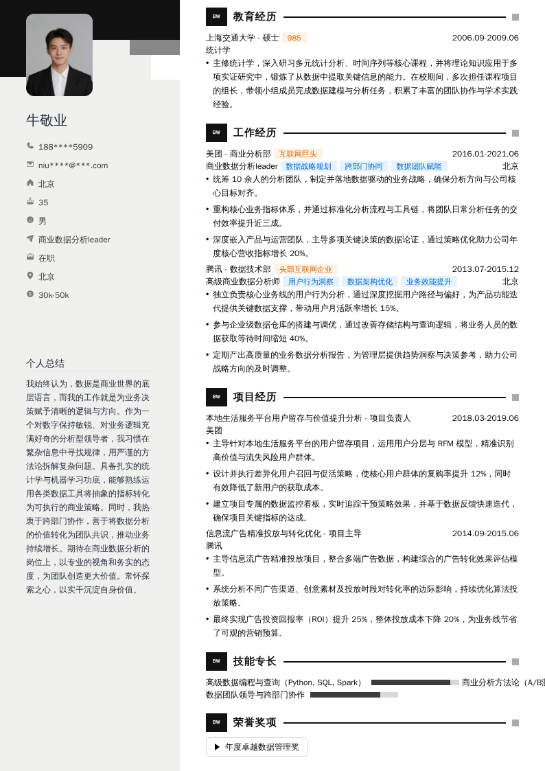 商业数据分析leader简历模板