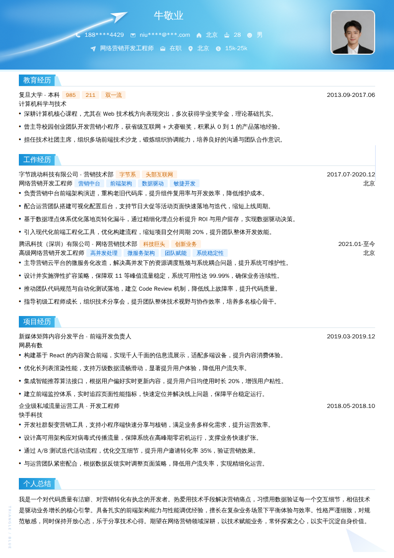 网络营销开发工程师简历模板