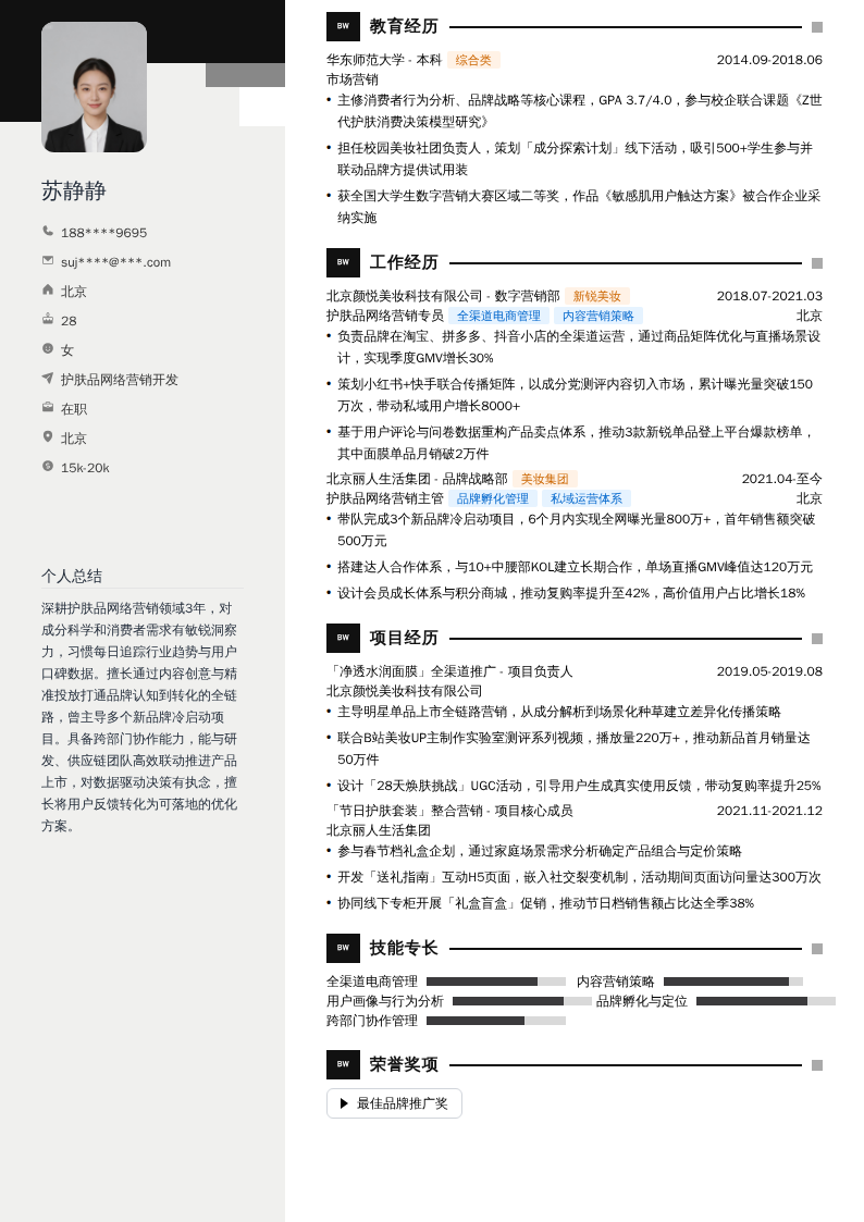 护肤品网络营销开发简历模板