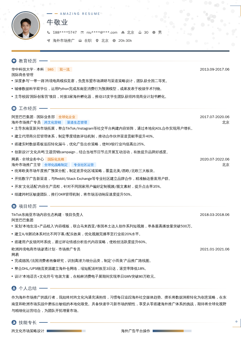 海外市场推广简历模板